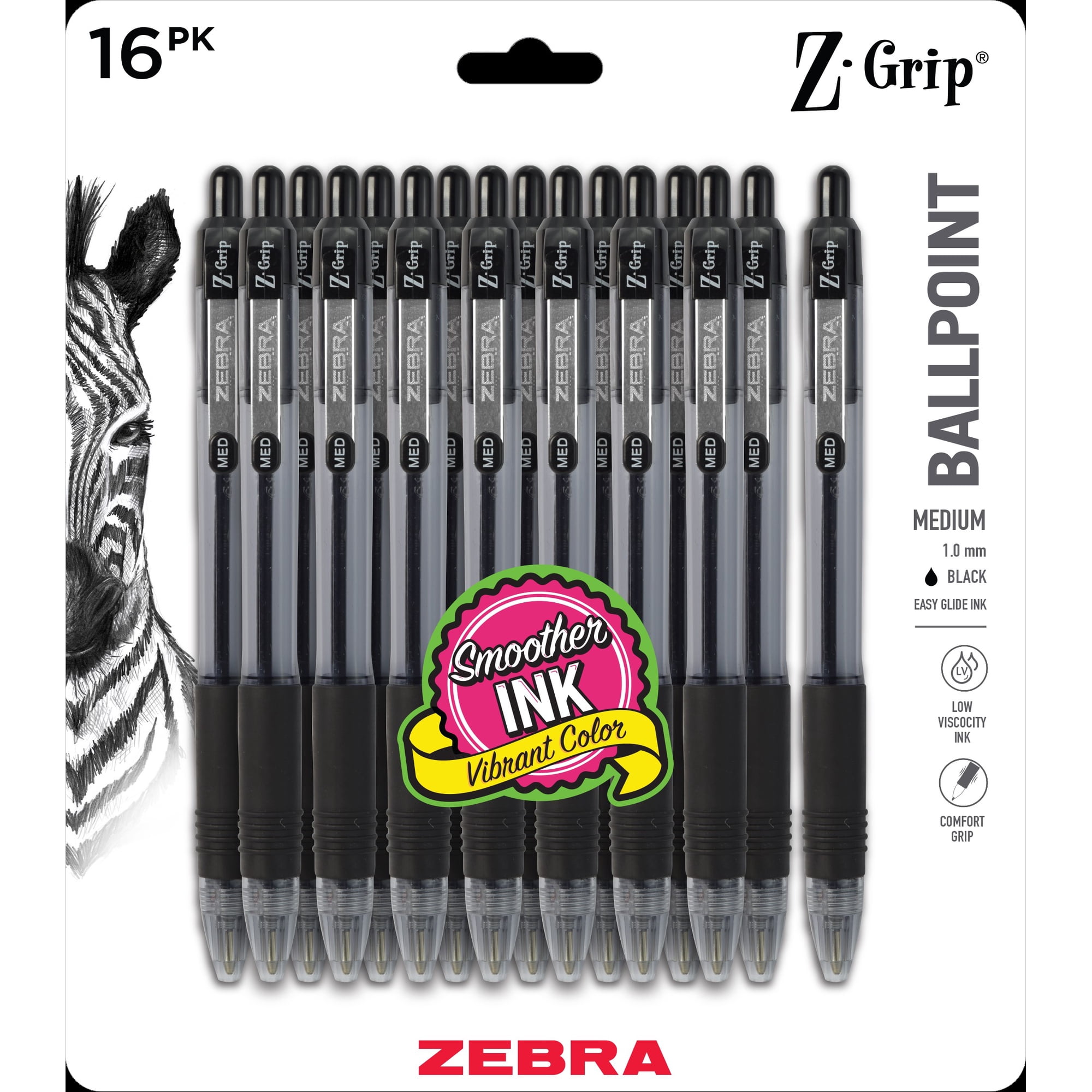 Zebra Pen Z-Grip Retractable Ballpoint Pens, 1.0mm Medium Point, Black Ink, 16 Count
