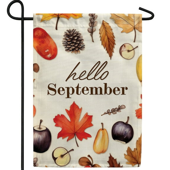 America Forever Hello September Fall Garden Flag, 12.5 x 18 inches Double Sided, Fall Harvest Banner, Maple Leaves, Thanksgiving Sign, Autumn Seasonal Outdoor Decor, Holiday Outside Yard Decorations