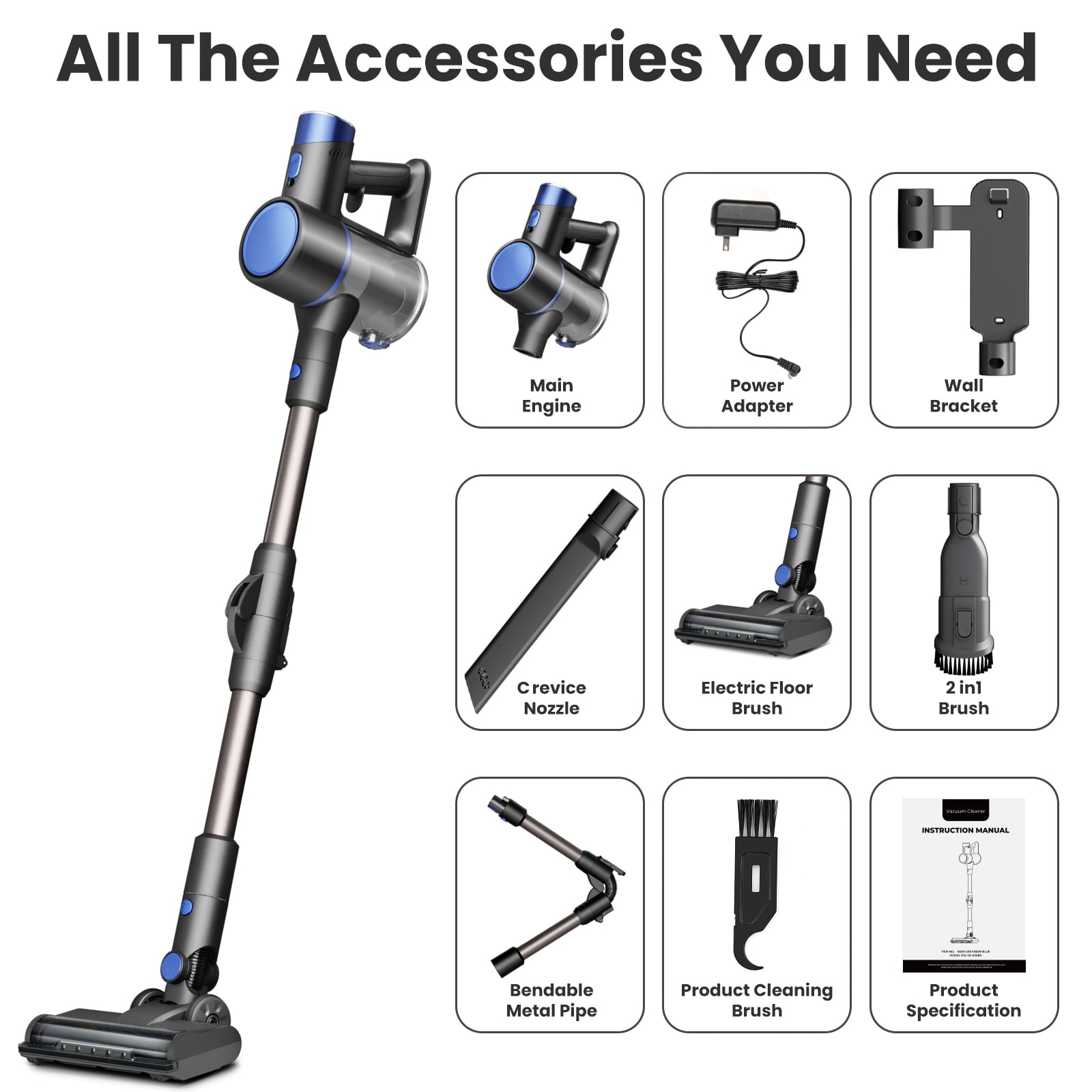 KISSAIR Cordless Vacuum Cleaners for Home 50min 2200mah Lightweight 5.5lb Led Display Screen Stick Vacuum Cleaners Hardwood Floor Carpet Pet Hair, Blue