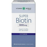 Vitamin World Super Biotin 5000 mcg. 120 Capsules, B Vitamin, Hair, Skin and Nails, Rapid-Release, Gluten Free