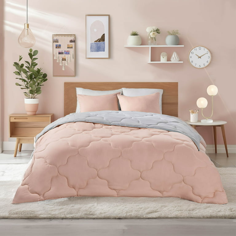 Comfort Spaces 3-Piece Full/Queen Reversible Comforter Sets Microfiber Down  Alternative Bedding Set Coral/Gray 