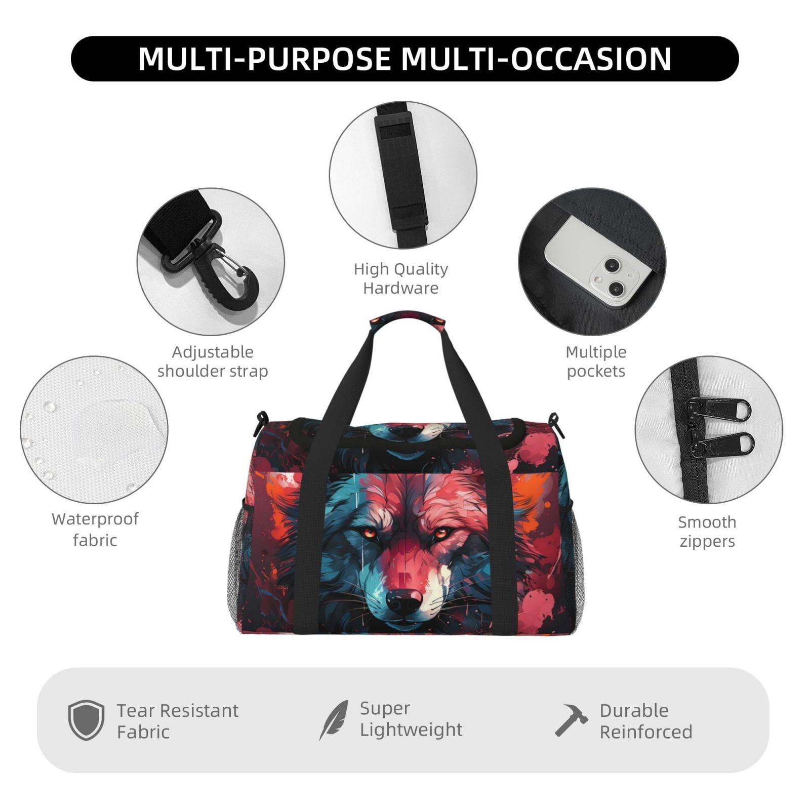 Fuzoiu Red Flame Wolf Head Print Travel Duffle Bag,Carry On Tote Bags,Duffel Bag,Sport Gym Bag, Hospital Bag for Labor and Delivery, Overnight Bag,Luggage Bag