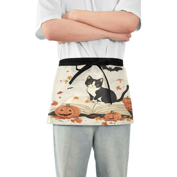 Yayeee Waist Apron with Pockets for Cooking Waterproof Half Server Aprons, Gray Cartoon Halloween Cat