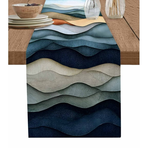 Hokiten Table Runners 36 Inches Long Dress Scarves, Summer Coastal Farmhouse Kitchen/Dining Table Runner, Short Coffee Tablerunners, Modern Abstract Watercolor Wave 13x36 Inch