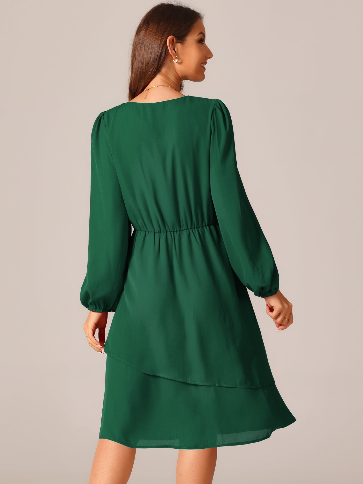 DARING DIVA Long Sleeve V Neck Dress High Waist Layered Dress M Dark Green