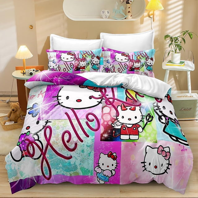 3 Piece 3d Kitty Flowers Printed Microfiber Bedding Set With Pillow Case,gifts For Boys Girls Bedroom,1 Duvet Cover With 2 Pillowcases Twin