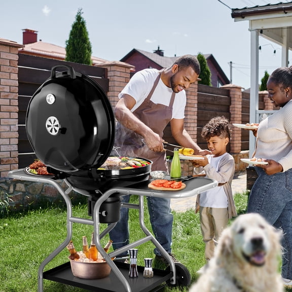 Outdoor Kettle Charcoal Grill with 2 Side Tables Storage Shelf Upgraded Ash Catcher Thermometer Wheels