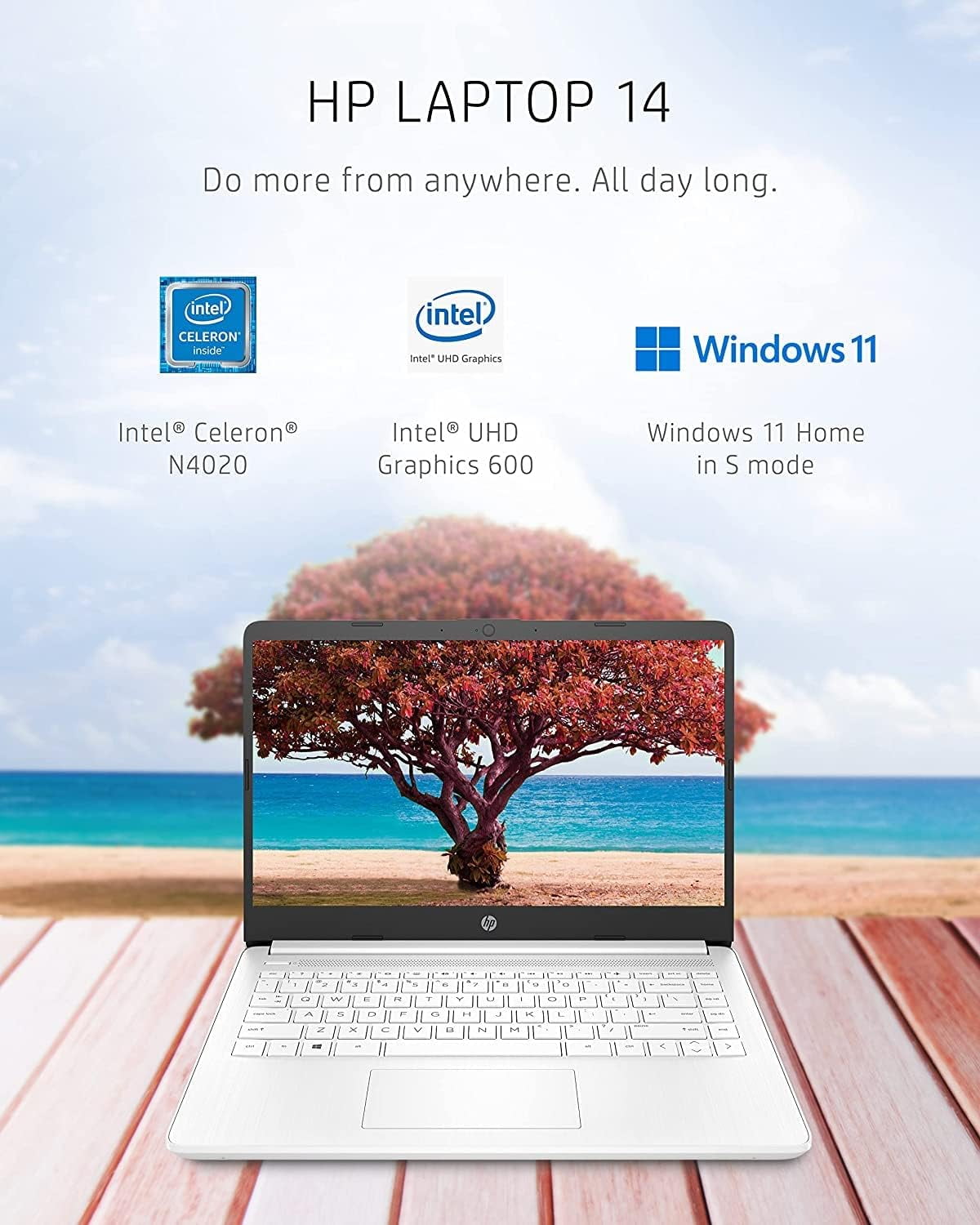 HP Stream Laptop, 14" HD Laptop, Intel Celeron N4020 Processor, 4GB RAM, 64GB eMMC, HD Audio, HD Webcam, Intel UHD Graphics 600, 1 Year Office, HDMI, Win 10 S, White, 32GB Hotface USB Card