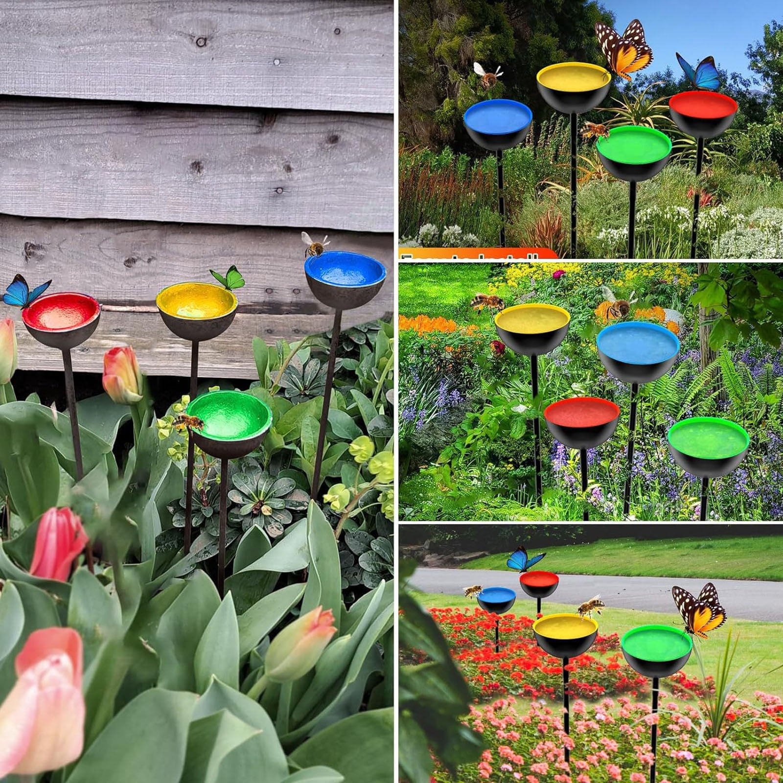 Garden Water Feeder for Birds & Bees | Rust-Resistant Iron Pole Feeder with Ground Stake | Outdoor Garden Decoration & Bird Bath | 4 Pack