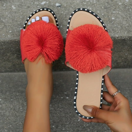 

Hair Ball Decor Sports Sandals Open Toe Flat Slides Summer Outdoor Fashion Slippers