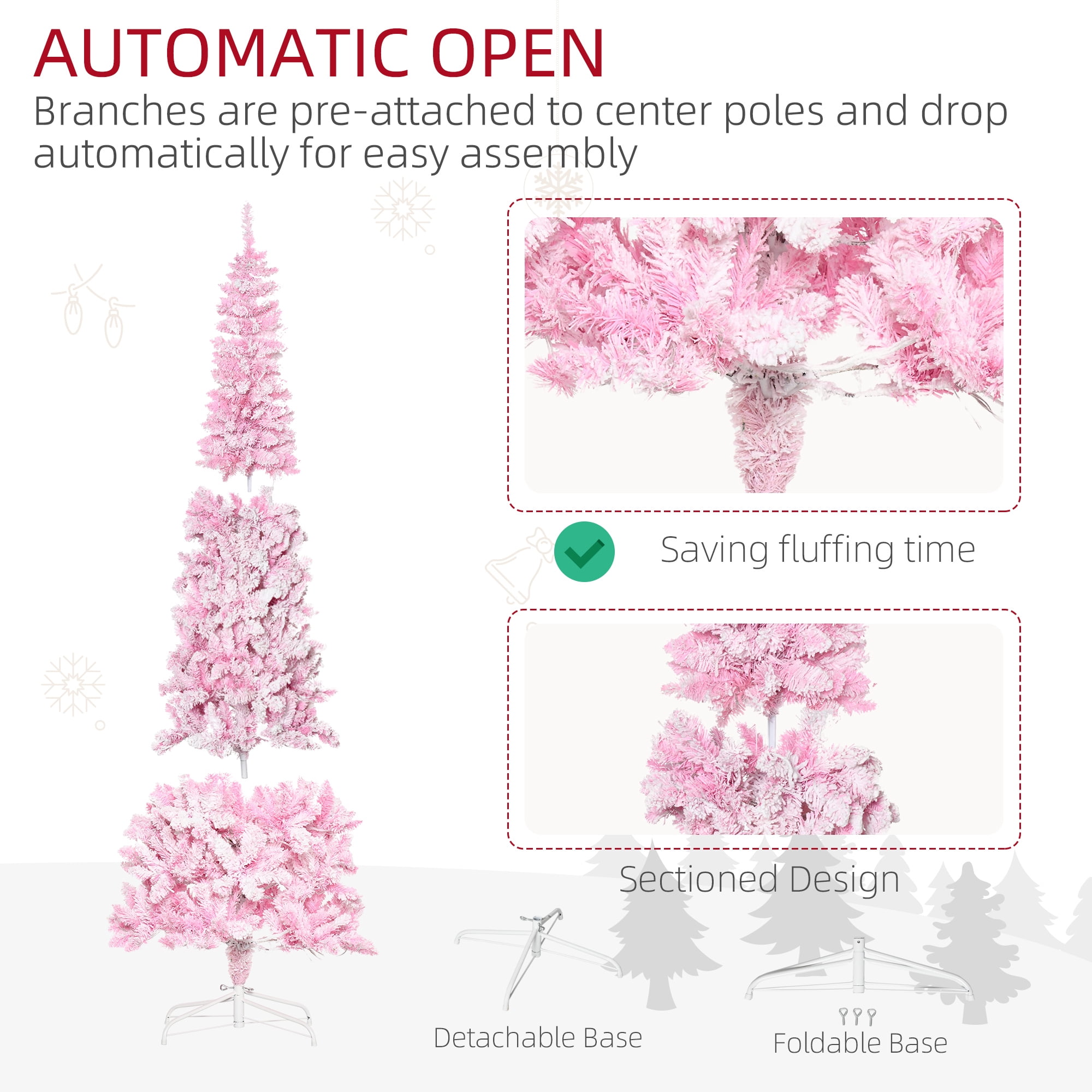 6ft Prelit Pink Snow Flocked Christmas Tree with LED Lights Easy Assembly Indoor Decor