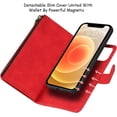 thumbnail image 6 of Wallet Case Compatible with iPhone 12 Mini,[6 Card Slots] [Wrist Strap] [Stand Feature] Detachable 2 in 1 Magnetic Zipper Leather Slim Cover Case for iPhone 12 Mini,5.4 inch Red, 6 of 16