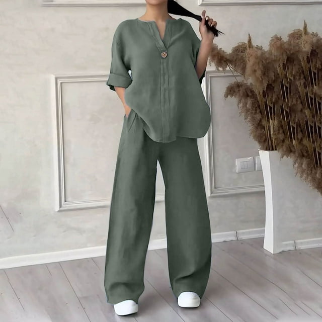 Today's Order Two Piece Sets For Women ZVAVZ Women Cotton Linen Fall Sets Buttons Down Laple Neck Tops Slit Loose Long Pants Two Piece Travel Outfits Sweatsuits