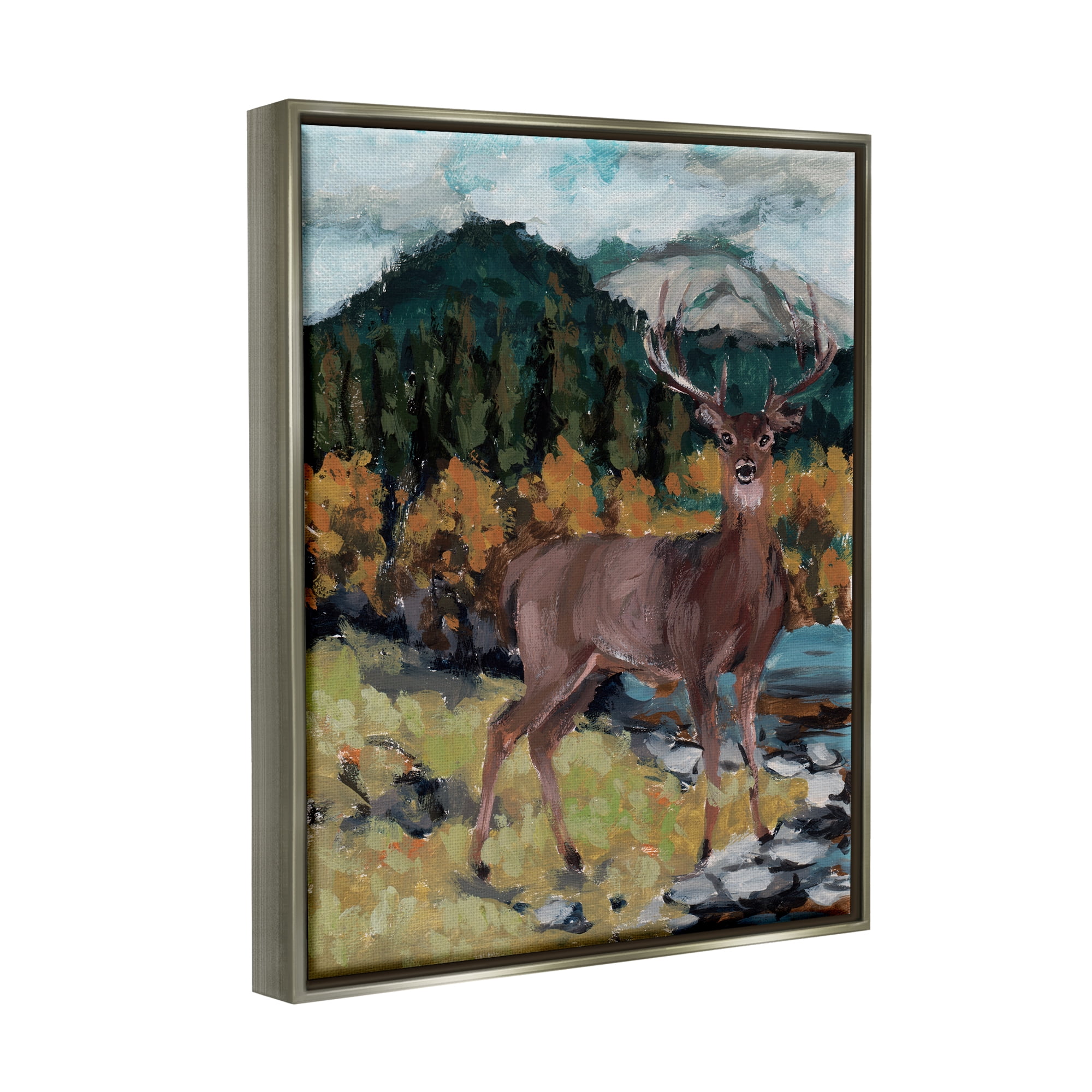 Stupell Deer Wildlife River Landscape Animals & Insects Painting Gray Floater Framed Art Print Wall Art