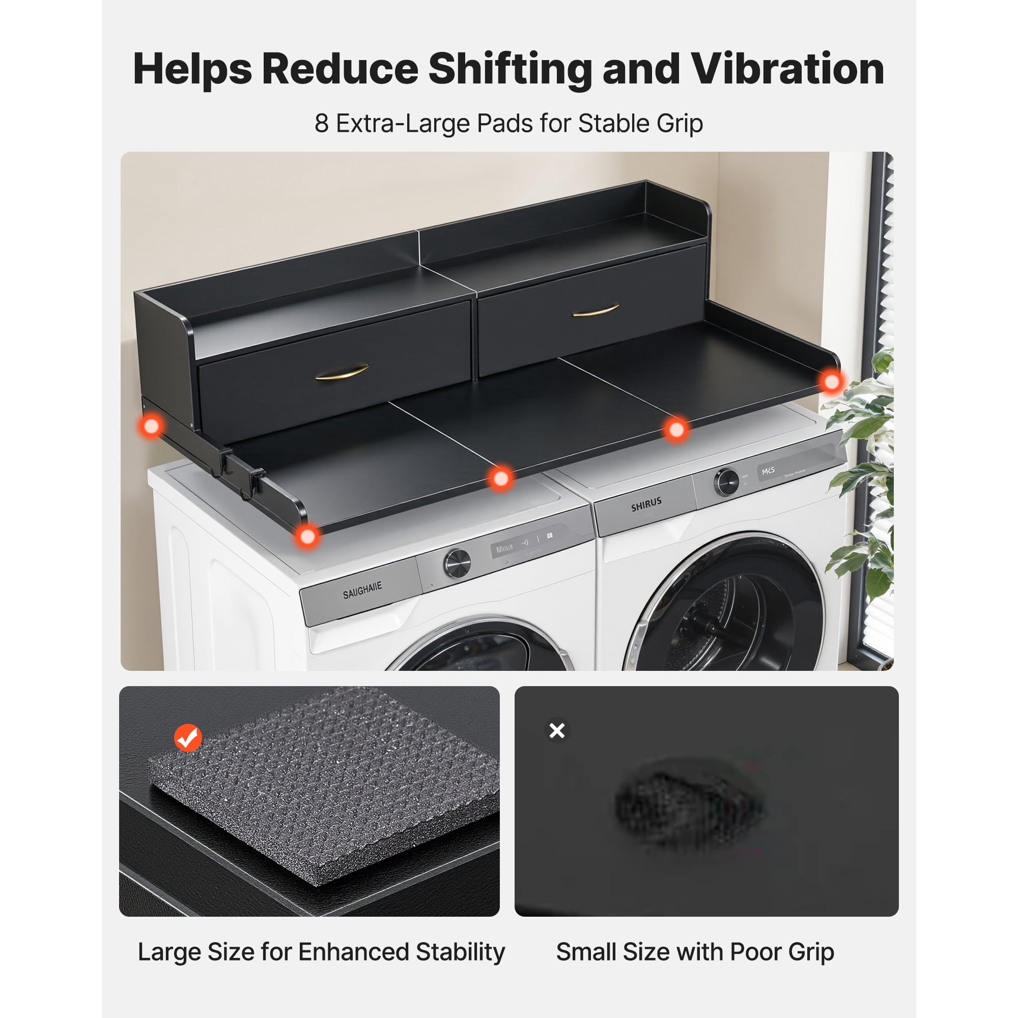 KFFKFF Washer Dryer Countertop with Shelf, 54 x 27.5 in Wooden Laundry Topper with 2 Drawers & 2 Hooks, Laundry Machine Organizer for Closet and Pantry Storage, Black