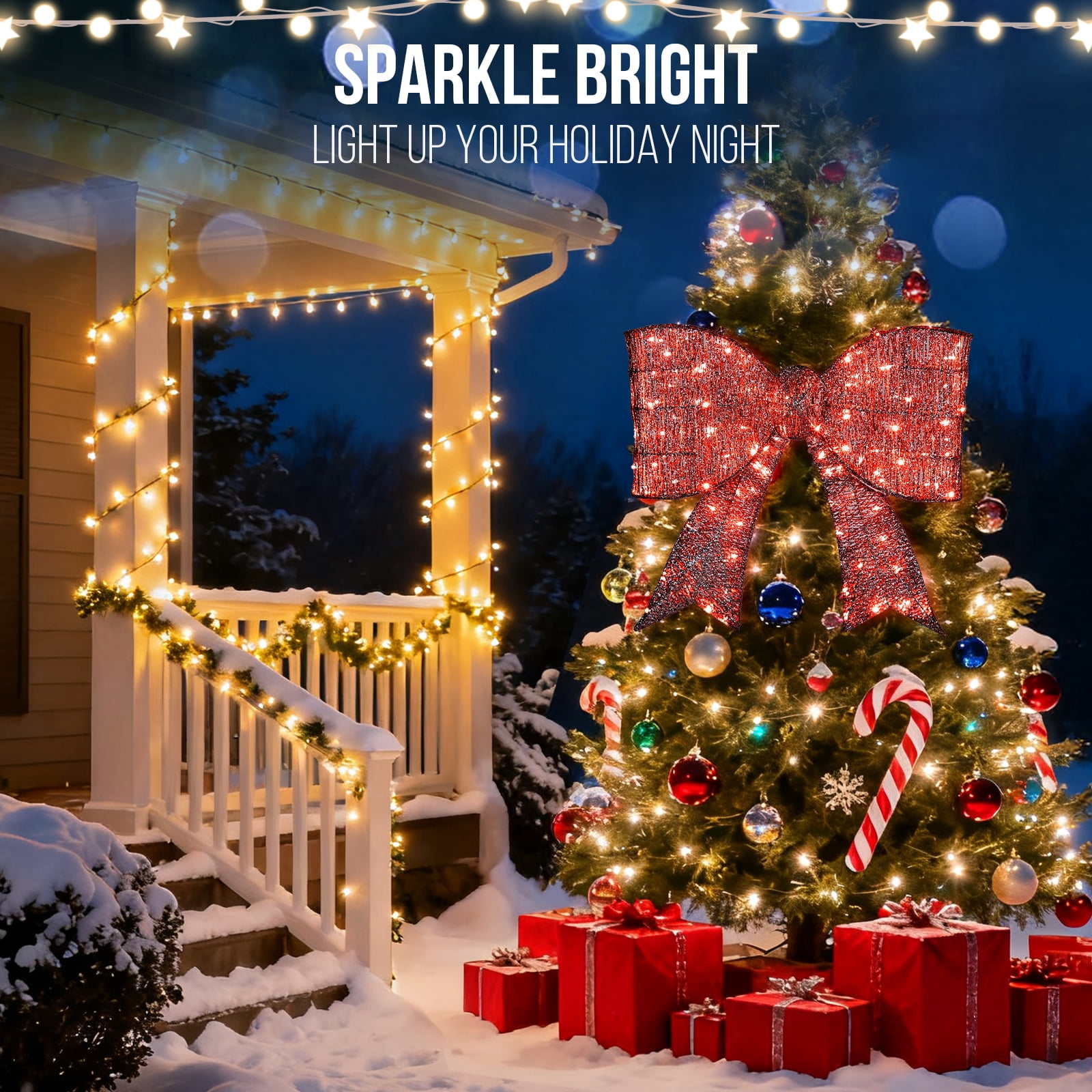 Pre-Lit Outdoor Giant Bowknot Christmas Decoration, Lighted Metal Frame with 124 Warm White LED Lights, for Front Door Gate Wall Indoor Outdoor Holiday Party