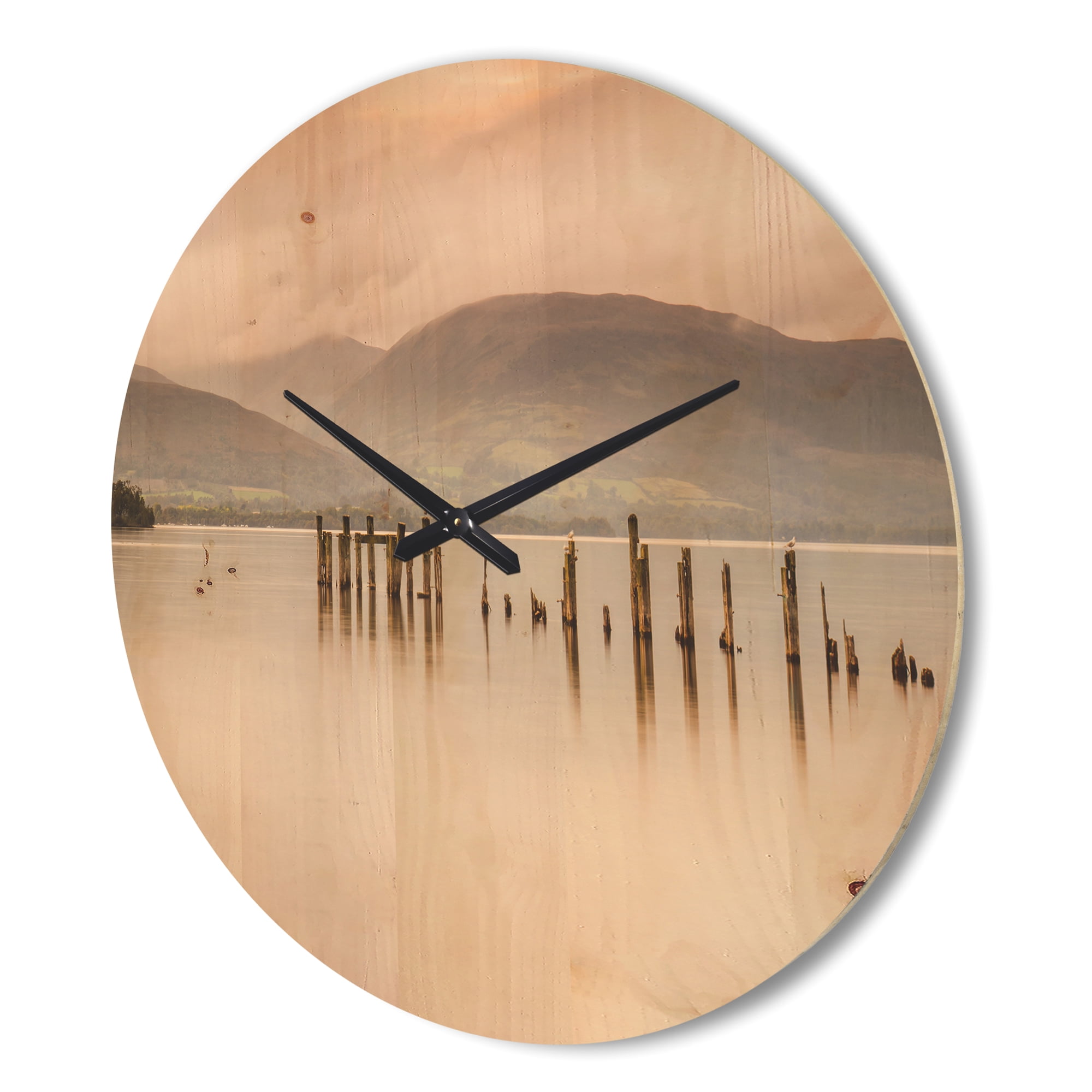 Designart 'Loch Lomond Jetty and Mountains Landscape' Modern Wood Wall Clock
