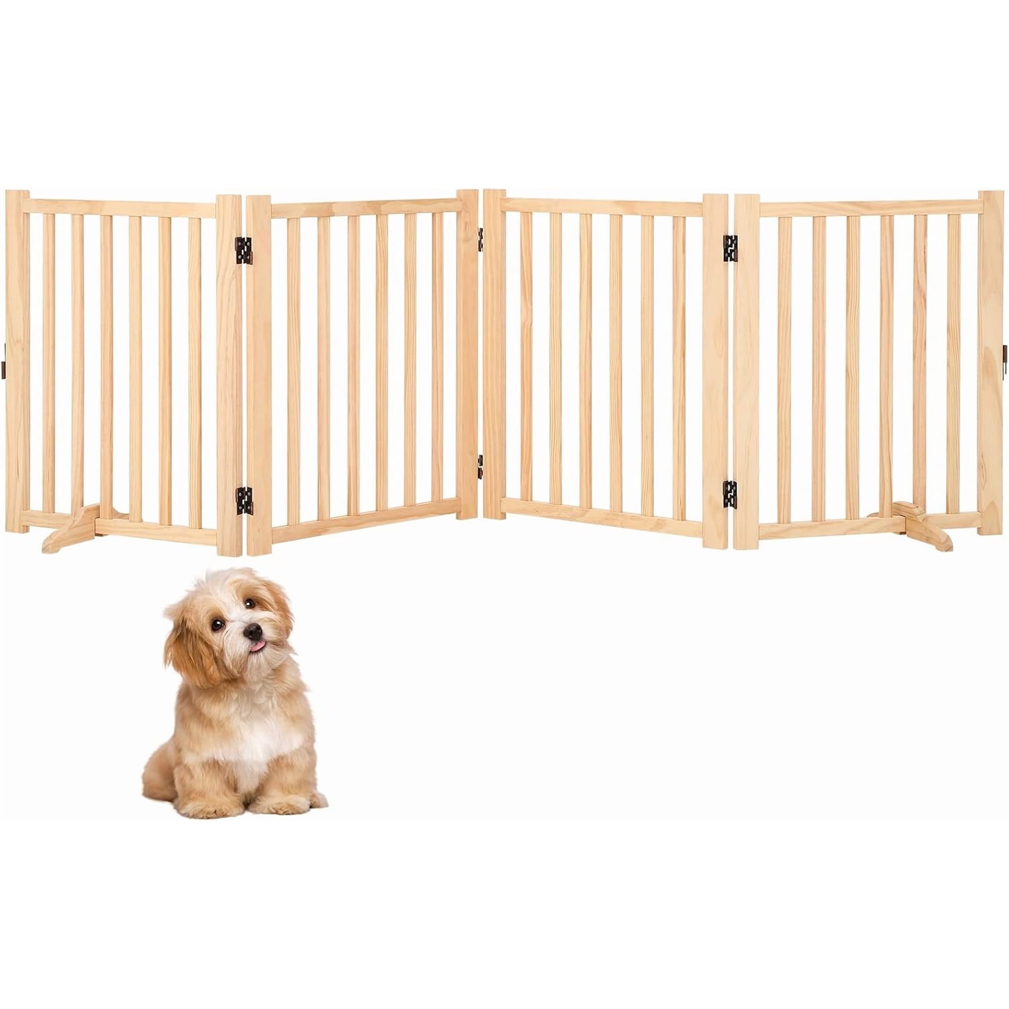 Wooden Freestanding Dog Gate,Pet Gate with Support Feet, Indoor Dog Fence for The House,Doorways, Stairs，Expandable Pet Fence -4 Panel H:24”