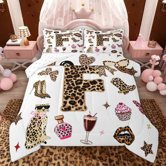 Feelyou Teens Leopard Print Twin Comforter Sets, Monogrammed F Bedding Set, 2pcs
