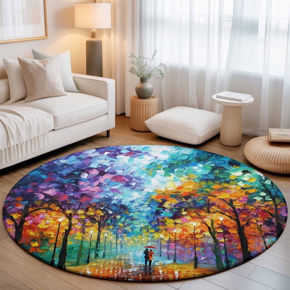 Strolling Couple Round Area Rugs 3 ft, Rainy Park Street Colorful Trees Romantic Washable Small Area Rug with Non-Slip Sturdy Edge Binding Round Front Door Mat Floor Carpet for Entryway
