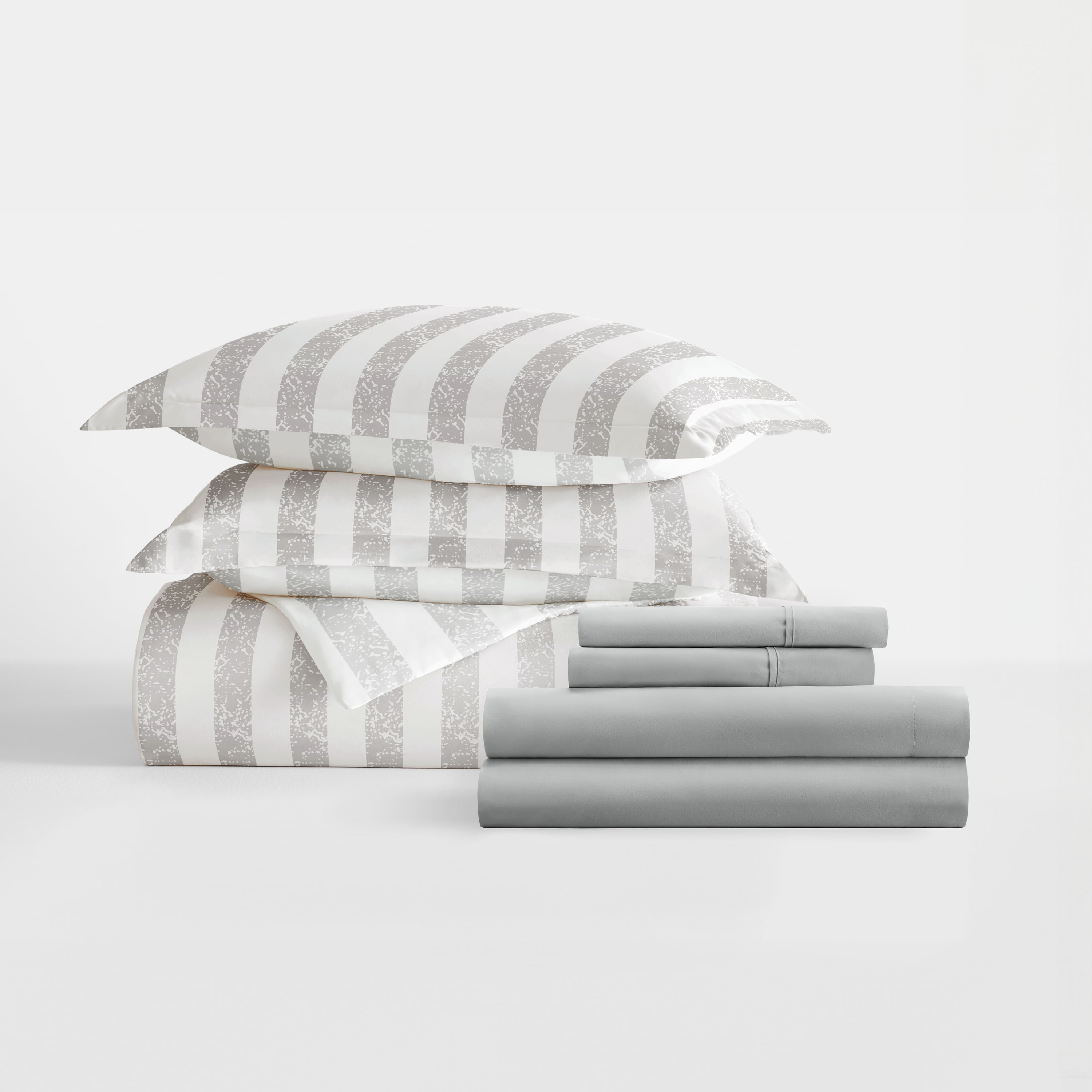 Noble Linens 7 Piece Patterned Duvet Bedding Bundle, Puffed Rugged Stripes Light Gray, Twin XL
