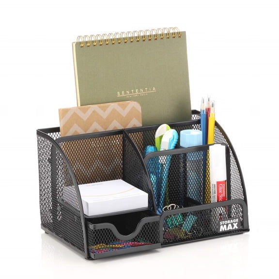 Desk Organizer with Drawer, Desktop Wire Mesh Sorter with 7 Compartments for Pens, Pencils and Letters. Black