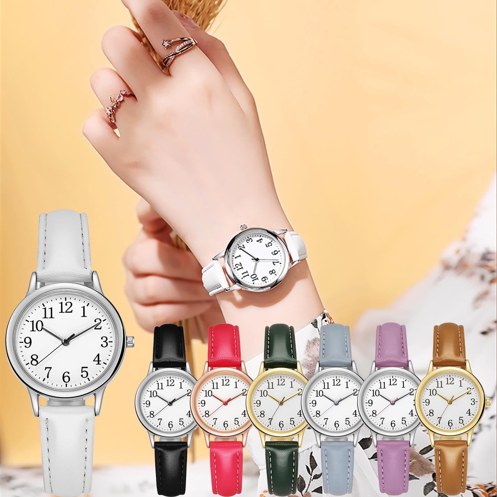 Montre Quartz Vintage Pour Femme - Cadran 29mm Chiffres Arabes - Bracelet Cuir PU Ajustable - 3