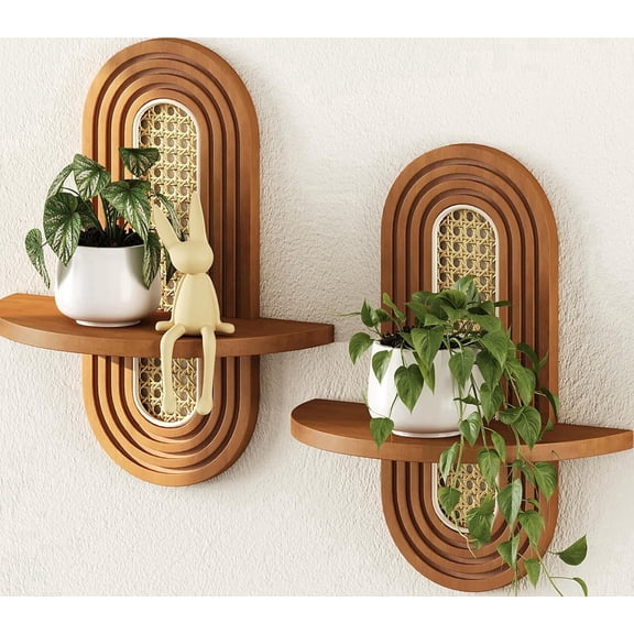Floating Shelves for Wall, Boho Rattan Plant Shelf Set of 2, Mid Century Small Decorative Shelf Wall-Mounted, Natural Wood Shelves for Living Room,Bedroom (Walnut)