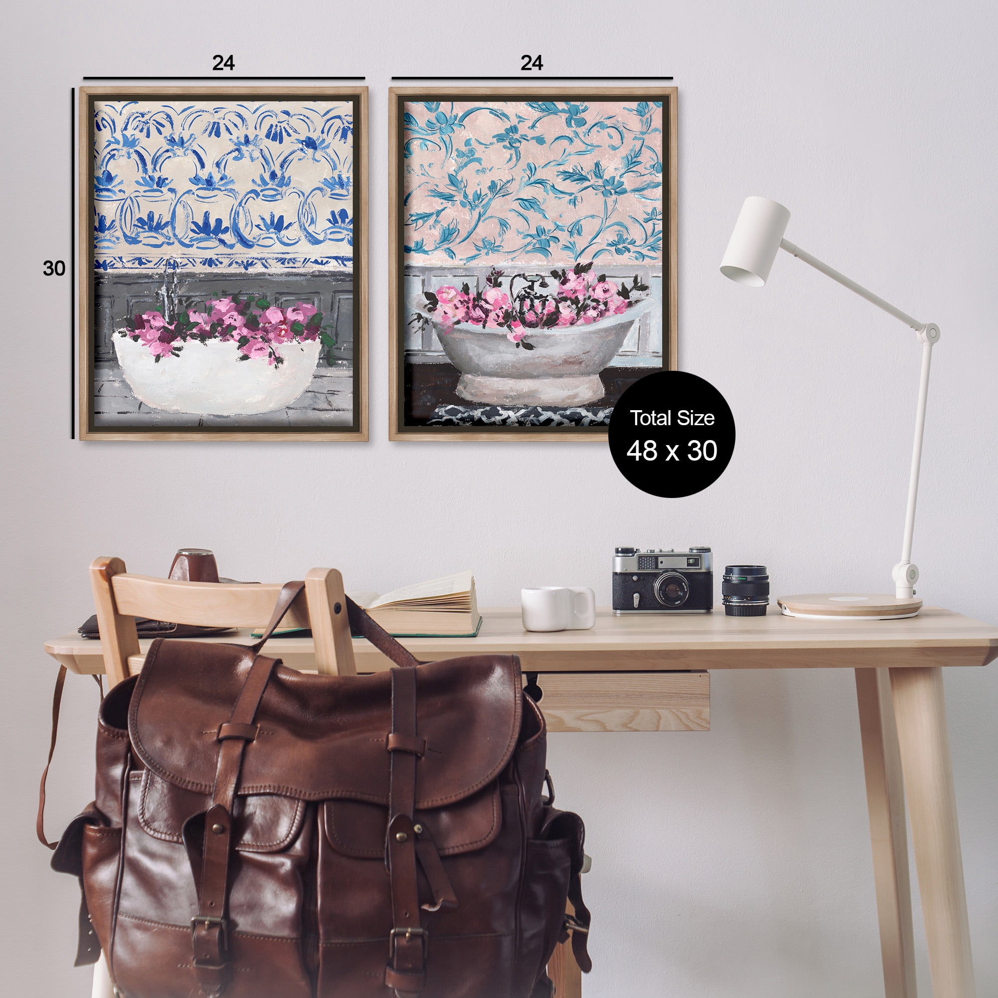 Stupell Industries Flowers In Bath Tub Interior Design Botanical & Floral Painting Brown Floater Framed Canvas Art Print Wall Art, 25 x 31, Set of 2