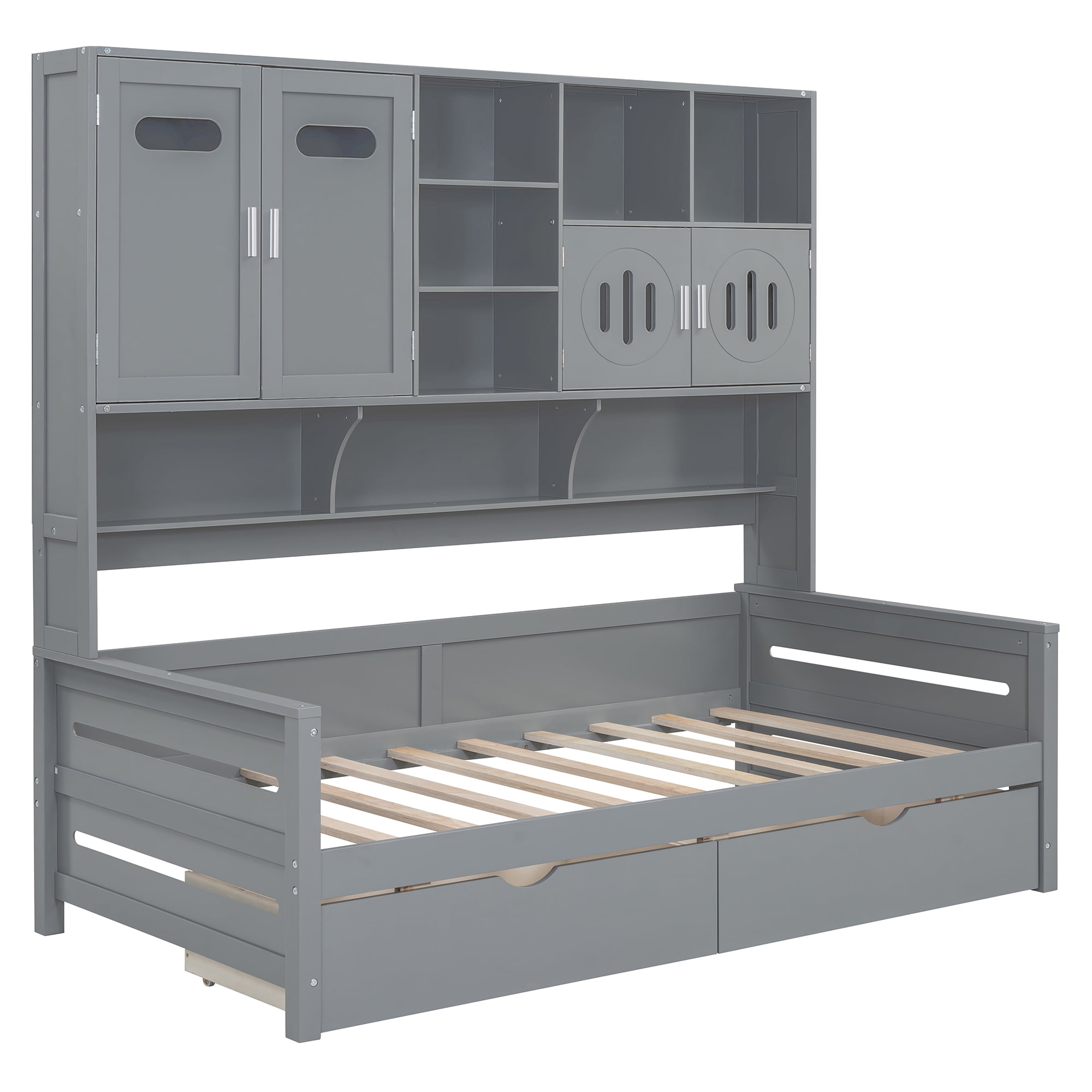 Mintazer Twin Platform Bed with Side Bookcase & 2 Drawers and 2 Cabinets, All-in-One Wood Storage Daybed Frame for Kids Teens Bedroom Guest Room, Grey