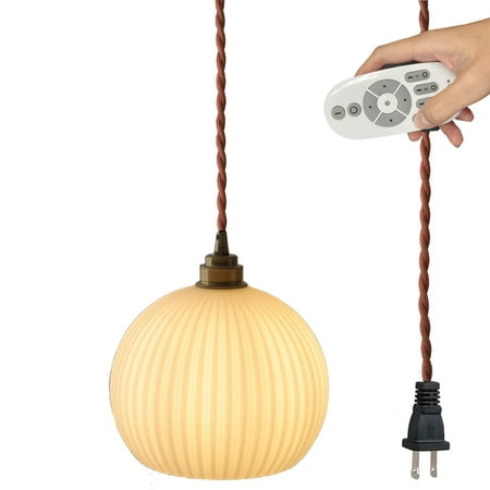 

FSLiving Plug in Hanging Swag Lamp no Wiring Needed Portable Pendant Light with Remote Control Stepless dimming Bulb Brass Finished E26 Honeycomb Retro White Hand-Made Glass Lamp Hanging Lamp -1 Light