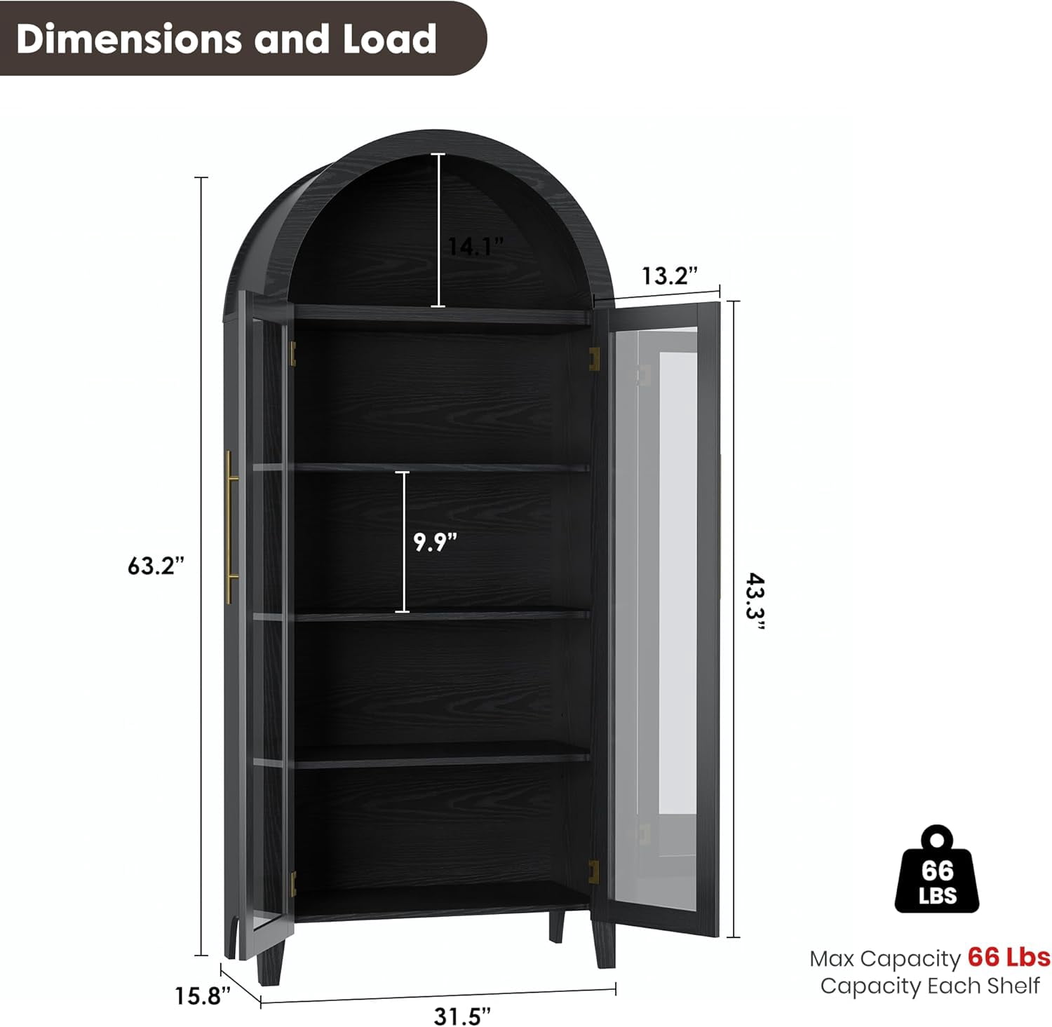 Memoryfield Farmhouse 5 Tier Bookcase Display Shelf, with Adjustable Shelf and 2 Large Glass Doors, Arched Kitchen Pantry Cabinet, Versatile Storage Cupboard, Black