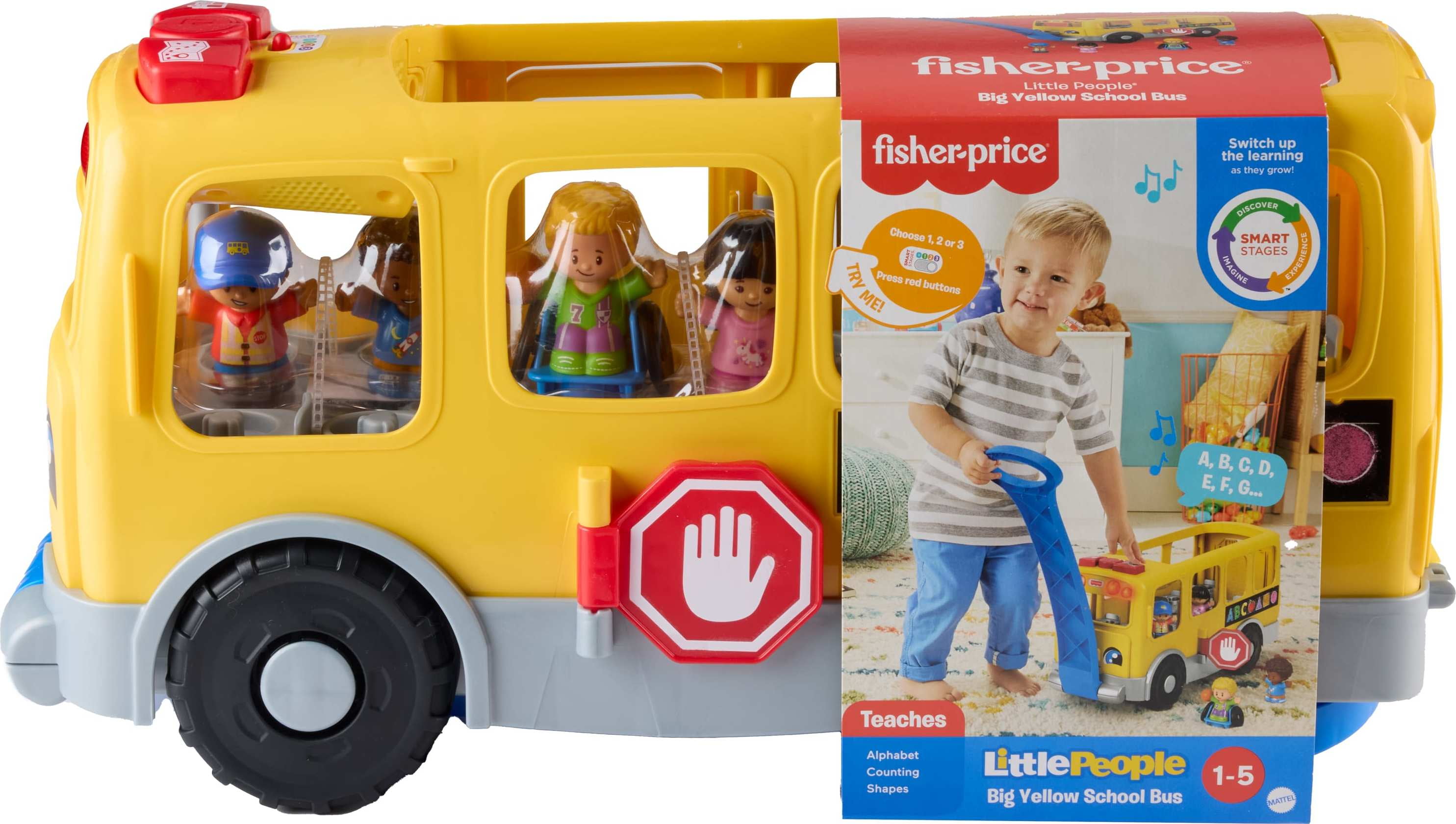 Fisher-Price Little People Big Yellow School Bus Pull-Along Toddler Learning Toy, 4 Figures