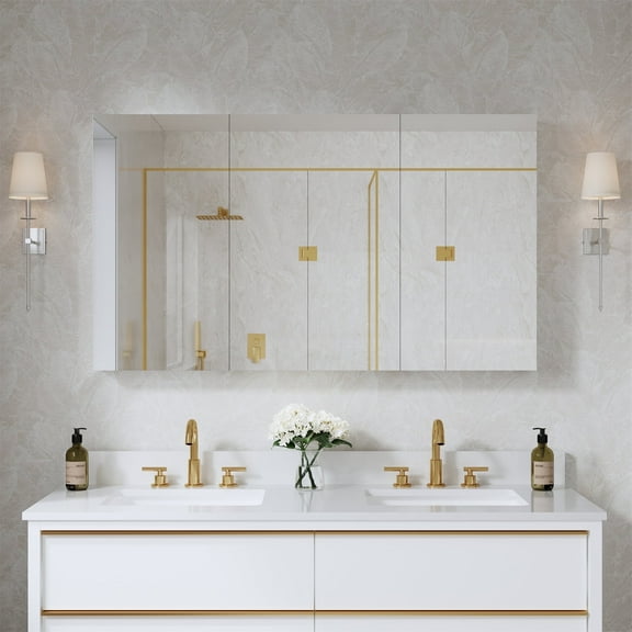 ANGELES HOME 52" x 30" Rectangle Medicine Cabinet Mirror, Surface Mount or Recessed Medicine Cabinet with Tempered Mirror, Anodized Aluminum Frame, Bathroom Mirror with Storage, Three  Opening Door