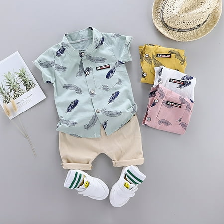 

MyBeauty Boys Shorts Feather Print Sweat-absorbing Solid Boys Summer T-Shirt Shorts Set for Daily Life White 100 cm
