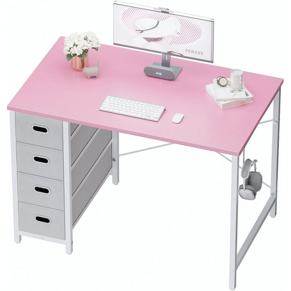 CF  40 Inch Computer Desk with 4 Drawers Small Office Desk for Home Bedroom Study Writing Simple Modern Computer Table Pink