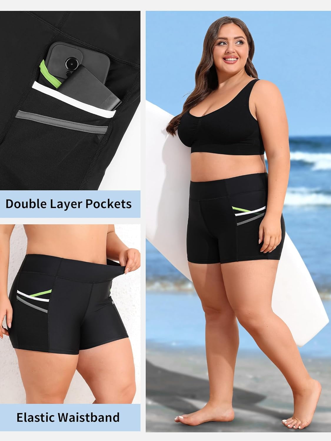 Alove Womens Solid Plus Size High Waisted Board Shorts Swim Trunks Big Shorts Swimwear Bottoms with Two Pockets