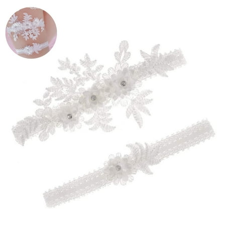 

2 pcs Wedding Garters Set Lace Bridal Garter Stretchy Floral Garter for Bride Blue and White White