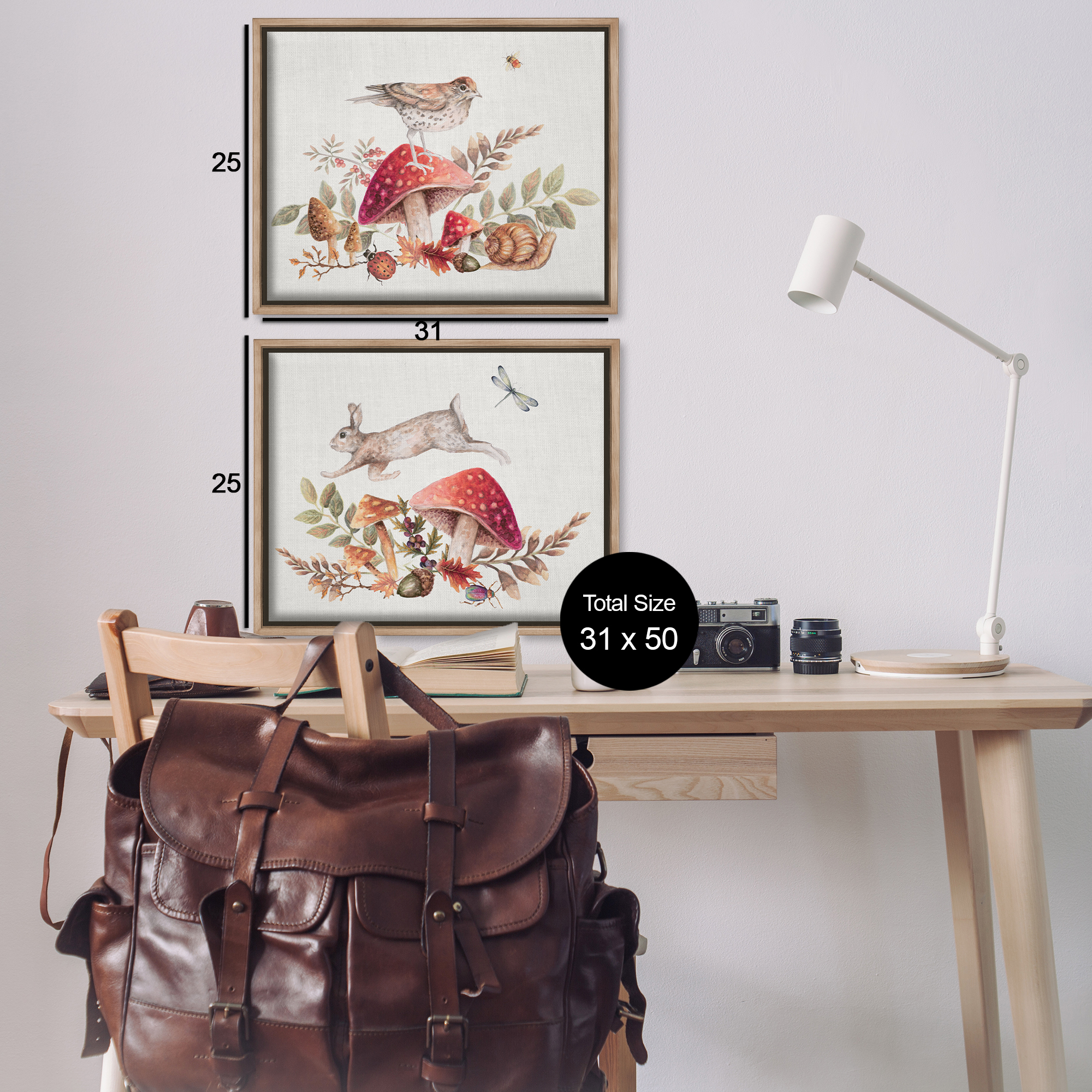 Stupell Industries Woodland Bird Rabbit Mushrooms Plants & Flowers Painting Brown Floater Framed Canvas Art Print Wall Art, 31 x 25, Set of 2