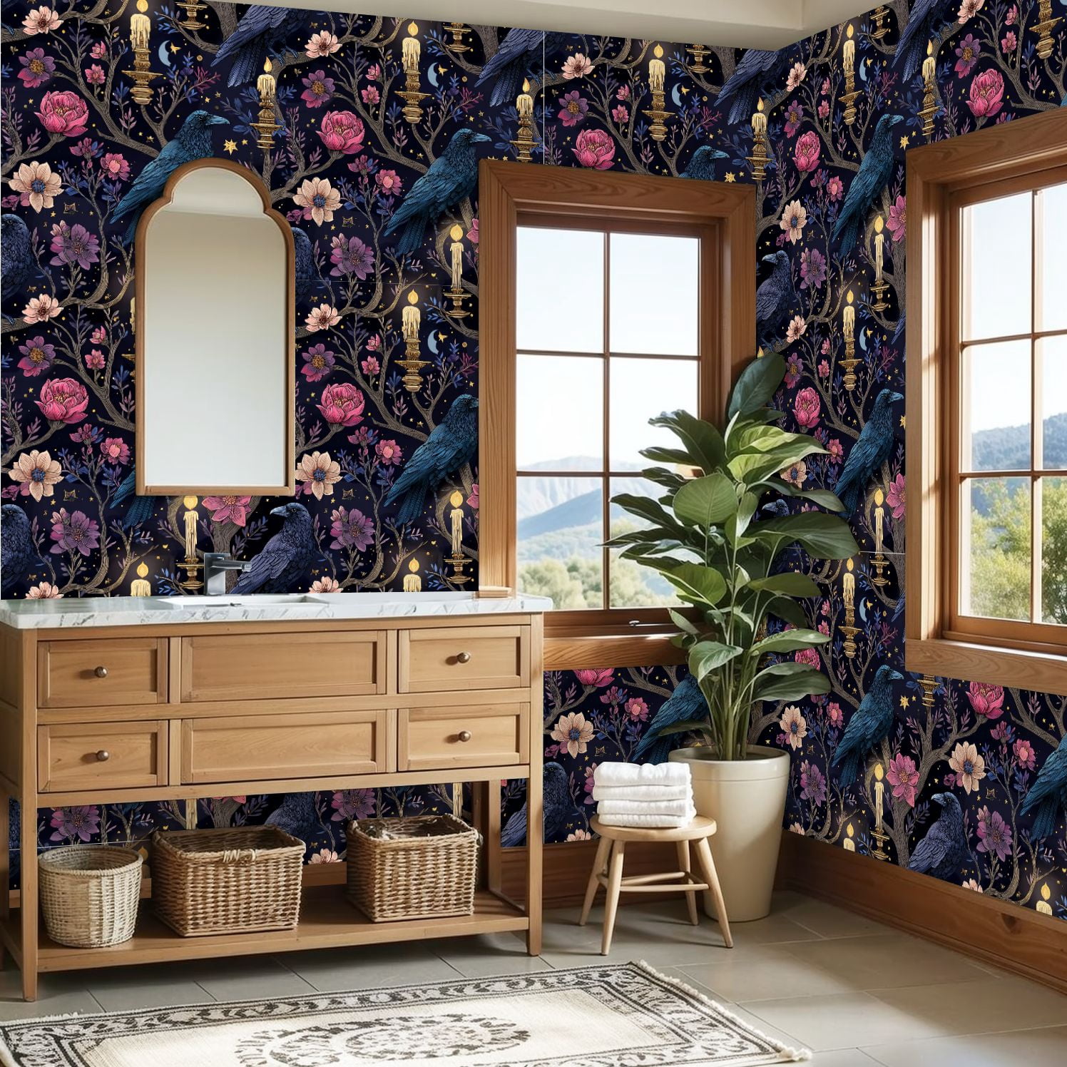 Peel and Stick Wallpaper Raven Floral Candles Starry Night Wall Mural 23.6in x 9.8ft Self Adhesive Removable Wall Paper Renter Friendly Wallpaper for Nursery Bedroom Cabinets