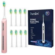7AM2M Sonic Electric Toothbrush, High Power Rechargeable Toothbrushes, with 8 Brush Heads for Adults and Kids, 15 Adjustable Modes, Built-in 2-Minute Smart Timer, 4 Hours Fast Charge, Pink