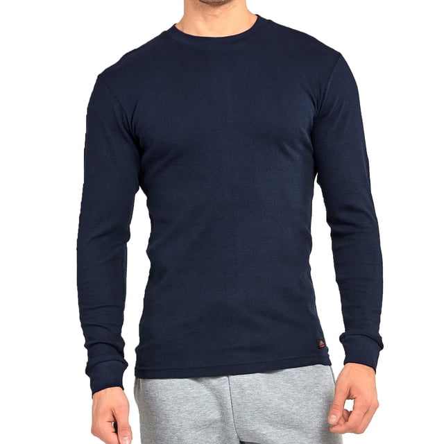 SLM Mens Cotton Thermal Tops Waffle Knit or Plain Henley Shirts -Large-Crew Navy