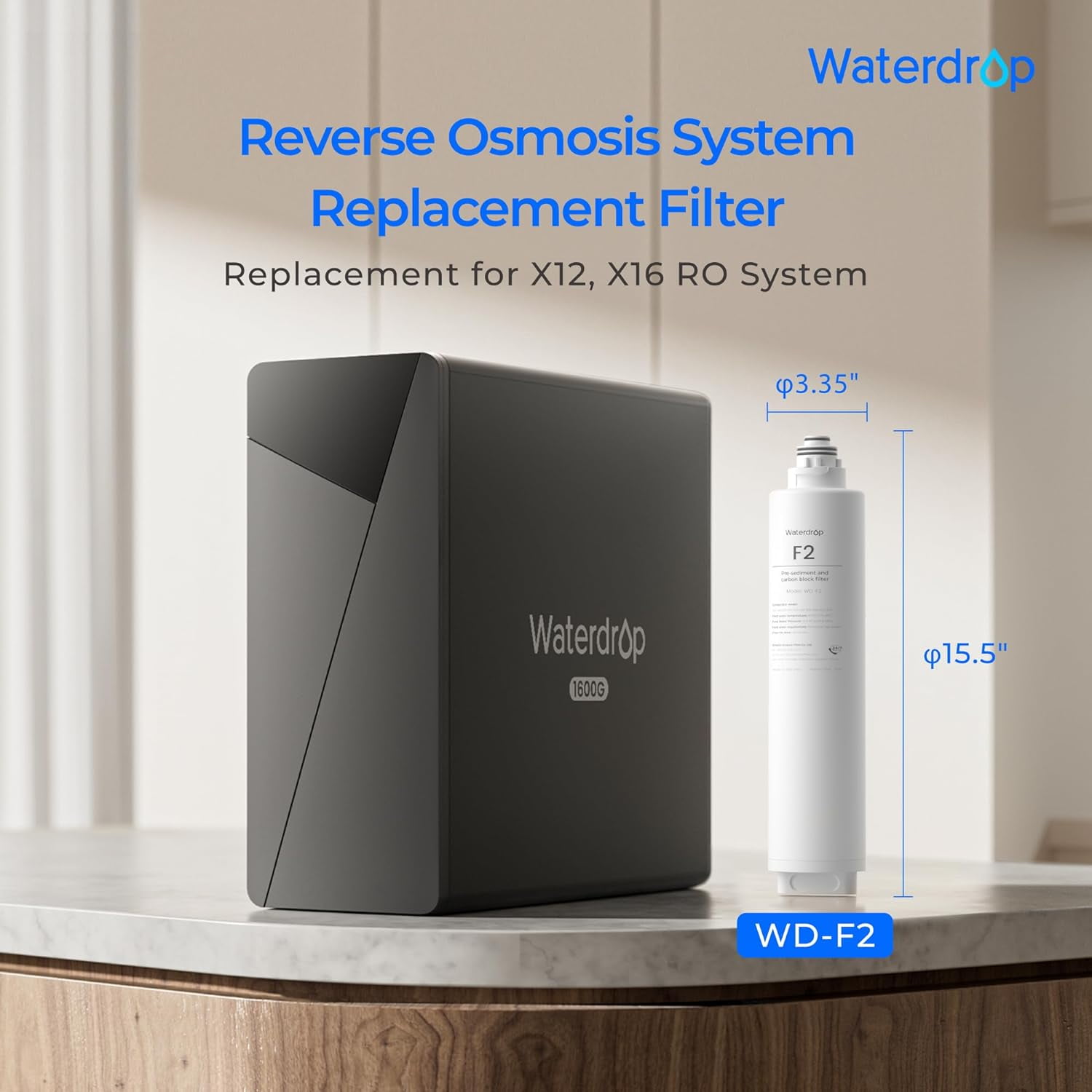 Waterdrop X16 Tankless Reverse Osmosis System, NSF/ANSI 58&372 Certified, 1600 GPD RO Water Filter System, 11-Stage Filtration UnderSink RO, 3:1 Pure to Drain, Alkaline Mineral pH+, with WD-F2