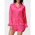 thumbnail image 6 of LMLYSoH Women's Satin Outfits Solid Color Lapel Long Sleeve Tops with Feather Cuffs + Shorts Set Fashion Clothes, 6 of 9