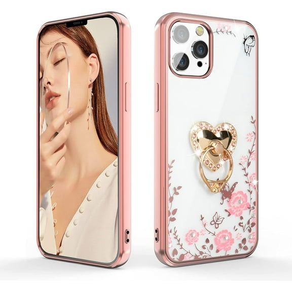Compatible with 13 iPhone Pro Max Case, Clear Body Rose Golden Edge Flower Print Soft TPU Shockproof Cover with 360 Rotatable Heart-Shaped Ring Kickstand for iPhone 13 pro max 6.7 inch, Rose Gold