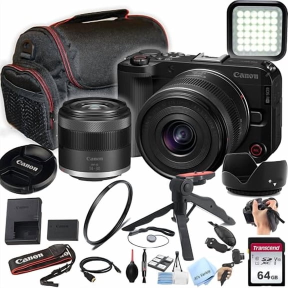Canon EOS R50 V 24.2MP APS-C CMOS Sensor Mirrorless Camera with 14-30mm Lens 64GB Memory, LED Video Light, Case, Gripster Tripod, and More (Essential Bundle) (International Version)