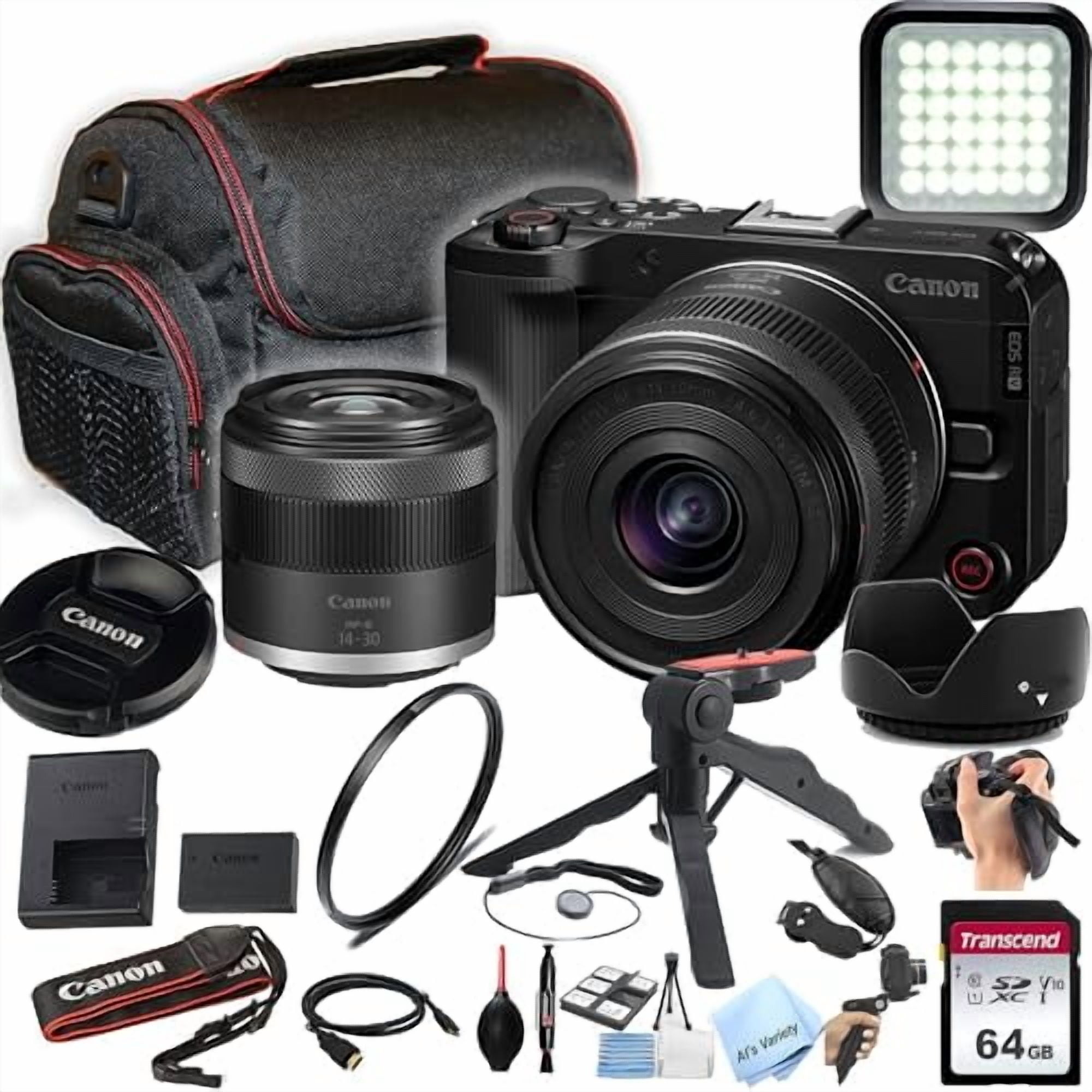 Canon EOS R50 V 24.2MP APS-C CMOS Sensor Mirrorless Camera with 14-30mm Lens + 64GB Memory, LED Video Light, Case, Gripster Tripod, and More (Essential Bundle) (International Version)