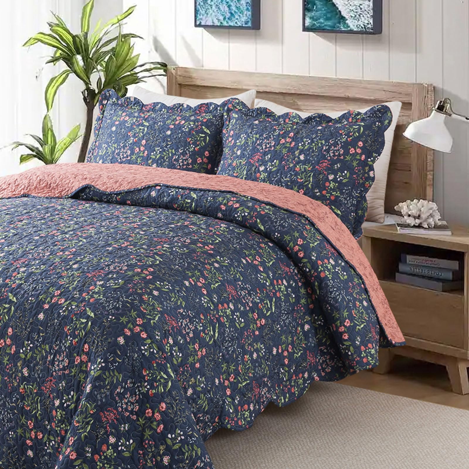 HoneiLife Quilts Queen Size - 3 Piece Microfiber Quilt set Reversible Bedspreads Patchwork Coverlets Floral Bedding Set All Season, Navy Blue