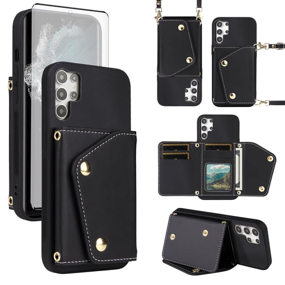 Furiet Wallet Case for Samsung Galaxy S24 Ultra 5G with Tempered Glass Screen Protector Slim Purse Shoulder Strap, Card Holder Stand Phone Cover for S24Ultra 24S S 24 24Ultra Women Men Black
