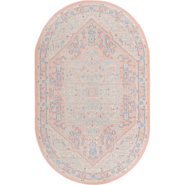 Unique Loom Whitney Medallion Border Rug 5' x 8' Oval Powder Pink/Ivory
